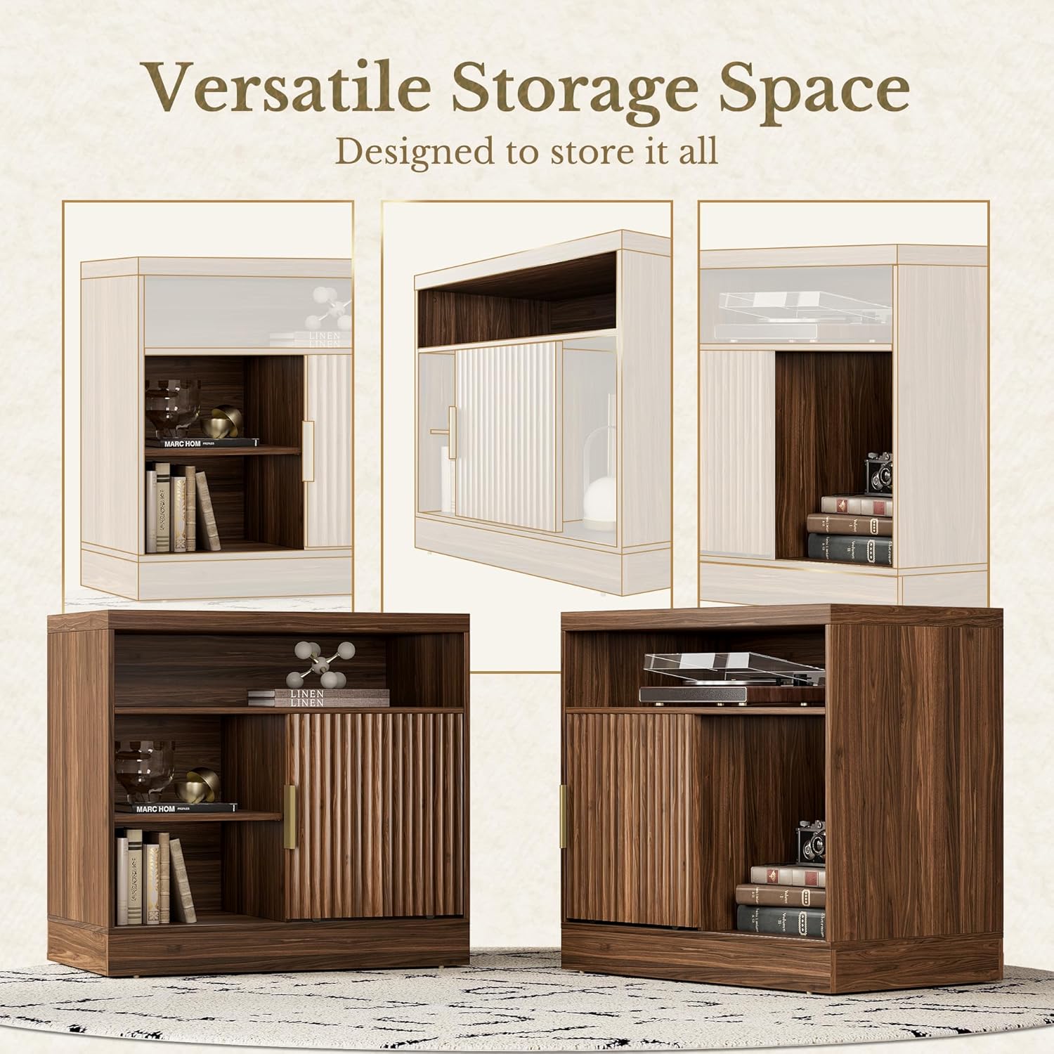 File Cabinet with Sliding Door, 32'' Fluted File Cabinet with Open Adjustable Shelves, Wood Filing Cabinet for Home Office, Black Walnut