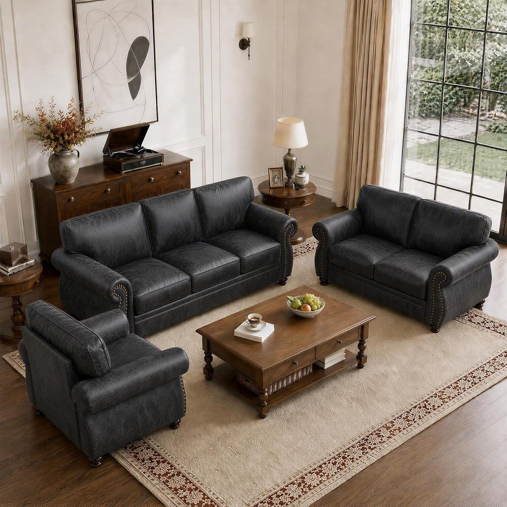 Couchus 88" W Living Room Furniture Sets, 3-Seater&Loveseat&Single, Grey | Faux Leather Fabric Sofa and Couch Sets, Mid-Century Sofa Set with Nailhead Trim