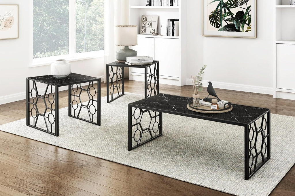 3-Piece Occasional Table Set with Marble-Print Glass Top | Includes 1 cocktail table and 2 end tables with fluted glass top