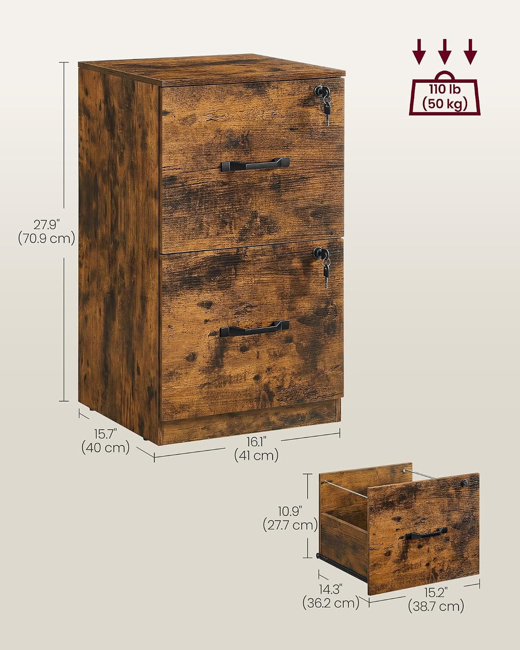 VASAGLE Custos Collection - 2 Drawers File Cabinet with Lock, Printer Stand, Office Filing Cabinet Organizer, for A4 and Letter Size Documents, Rustic Brown UOFC061K101S