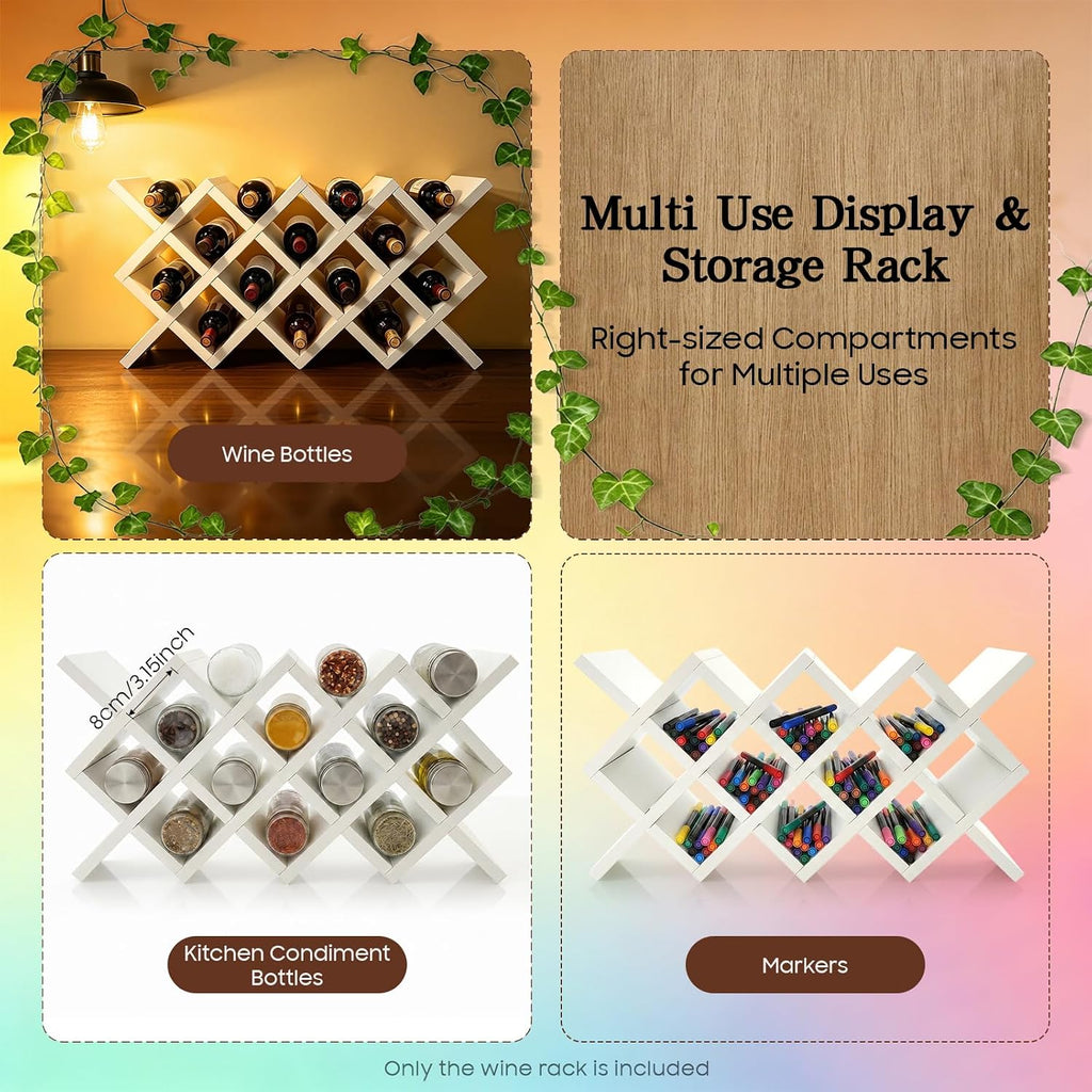 10 Grids Wooden Wine Rack – Wall Mounted or Countertop Storage, Diamond Lattice Design for 10 Bottles, Space-Saving Horizontal Storage, White