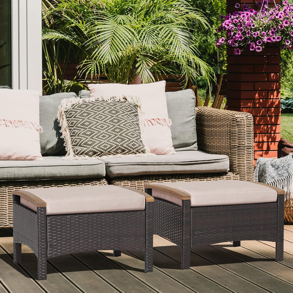 RELAX4LIFE Outdoor Wicker Ottomans for Patio - 2 Pieces PE Rattan Ottoman, Footrest Seat with Zippered Cushions, Acacia Wood Handles, 3-in-1 Footstool, Side Table for Poolside, Backyard (Brown)