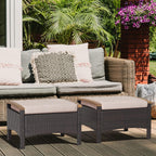 RELAX4LIFE Outdoor Wicker Ottomans for Patio - 2 Pieces PE Rattan Ottoman, Footrest Seat with Zippered Cushions, Acacia Wood Handles, 3-in-1 Footstool, Side Table for Poolside, Backyard (Brown)