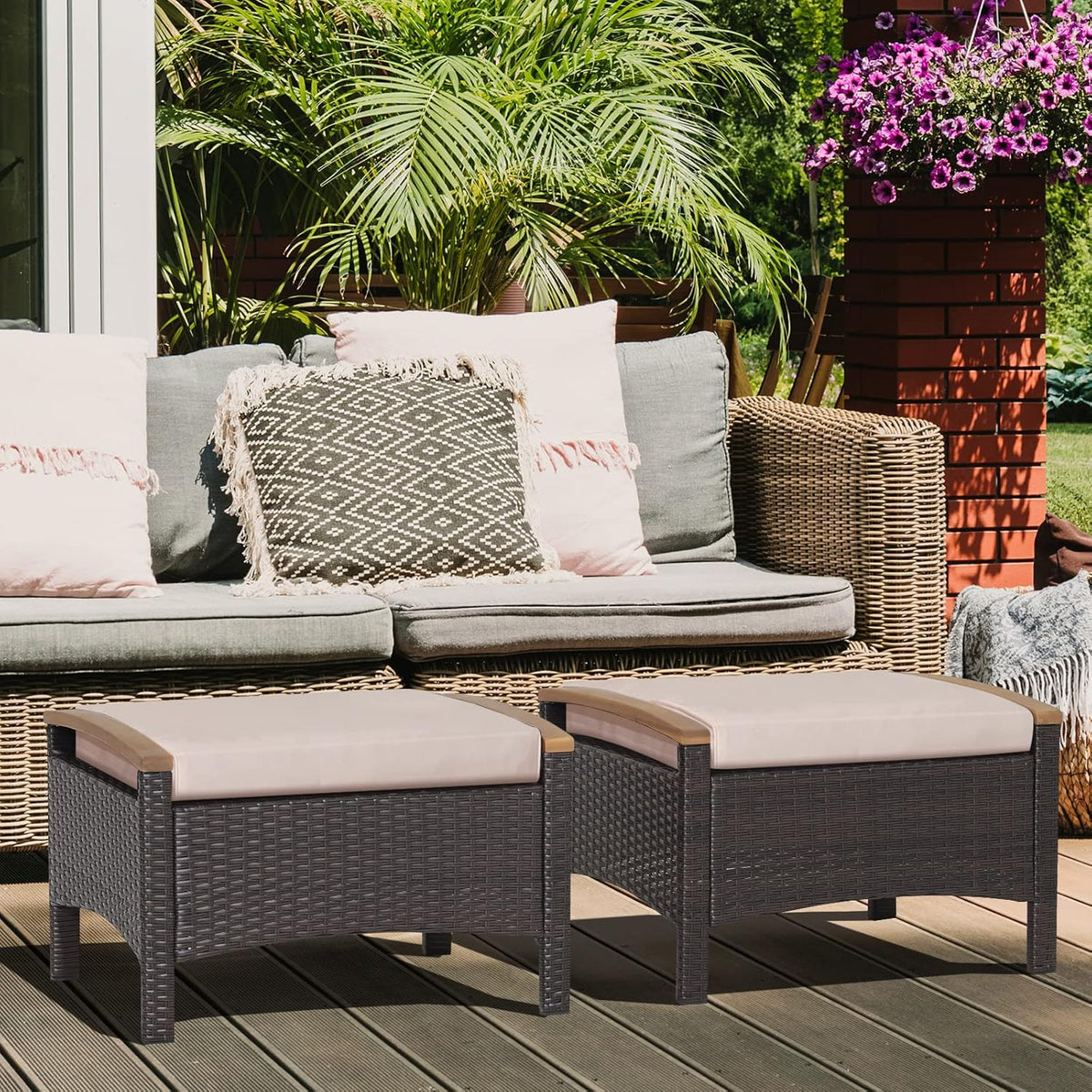 RELAX4LIFE Outdoor Wicker Ottomans for Patio - 2 Pieces PE Rattan Ottoman, Footrest Seat with Zippered Cushions, Acacia Wood Handles, 3-in-1 Footstool, Side Table for Poolside, Backyard (Brown)