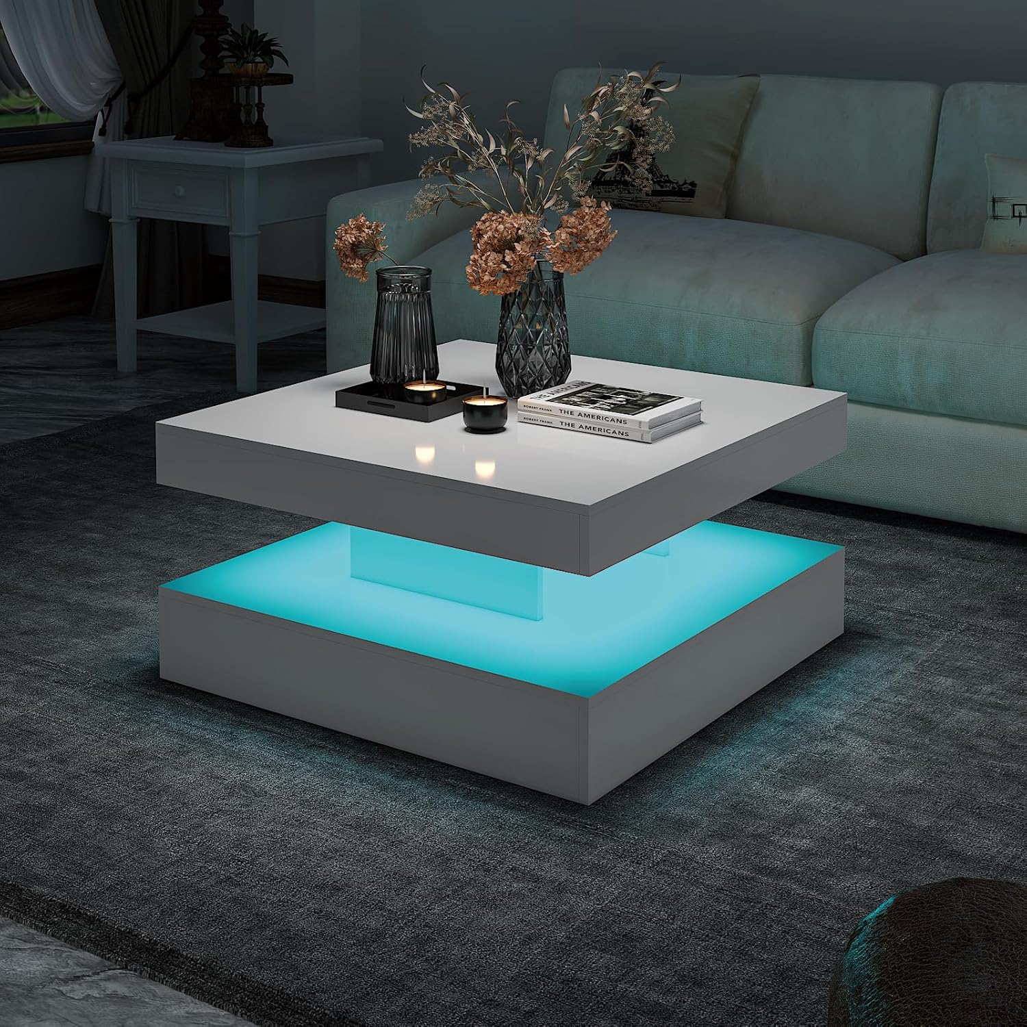 HedoAjim White LED Coffee Table for Living Room, 2-Tier Square Center Table Living Room Table, Modern High Glossy Contemporary Wood Coffee Tables with Storage, Suitable for Dining Reception
