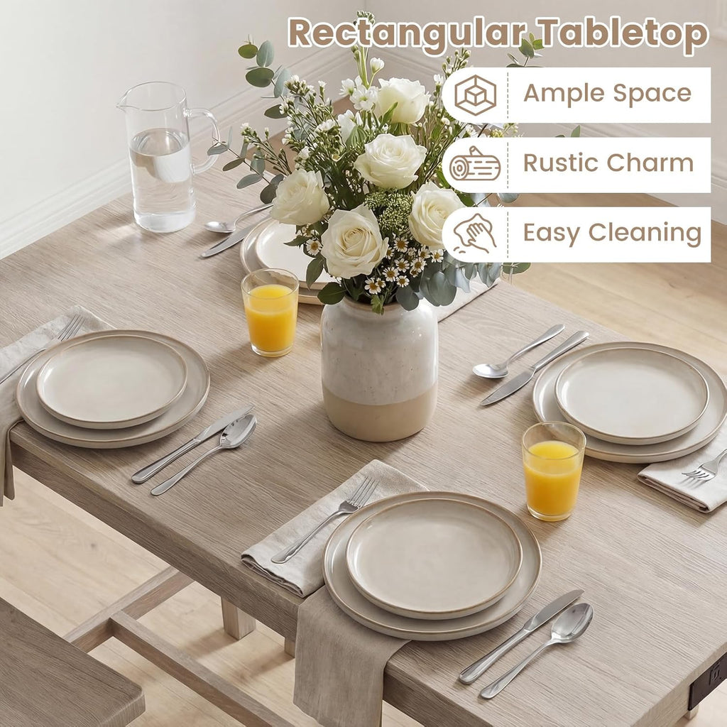 Giantex 4-Piece Counter Height Dining Table Set with Power Outlet, Solid Rubber Wood Kitchen Table with Saddle Backless Bench & 2 Stools, Space-Saving Bar Table Set for Breakfast Nook (Light Gray)