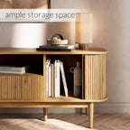 Furniway Modern TV Stand for 45/55/70 inch TV, Entertainment Center with Sliding Doors and Storage, Wood TV Stand for Bedroom, Living Room, Natural