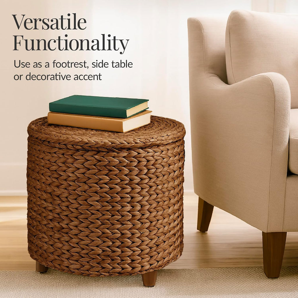 Best Choice Products 17" Round Storage Ottoman W/Lid, Handwoven Water Hyacinth Footstool, Footrest w/Wooden Legs, Accent Side Table, Storage Container, Plant Stand - Chestnut