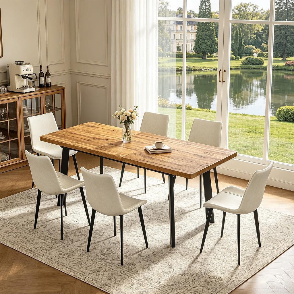 63"-78.7" Expandable Dining Room Table Set for 4-8 People, Walnut | Removable Extension Leaf, Durable MDF Rectangle Top, 6 Beige Sleek Faux Leather Chairs, Heavy Duty Modern Kitchen Table Set