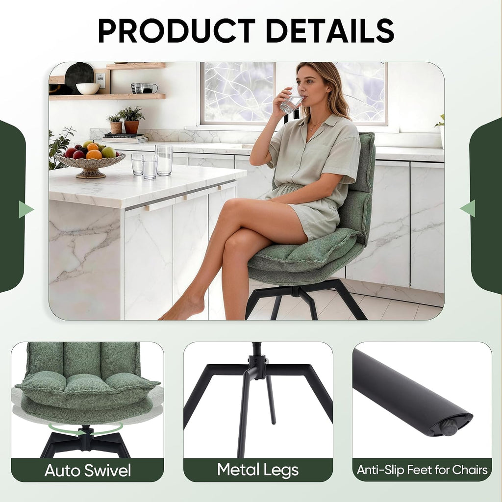 Swivel Dining Chairs Set of 6, Mid-Century Modern Chairs with Linen Fabric, High Back with High-Density Stuffed PP Cotton & Automatic Swivel Metal Legs, Suitable for Kitchen & Living Room(Green)