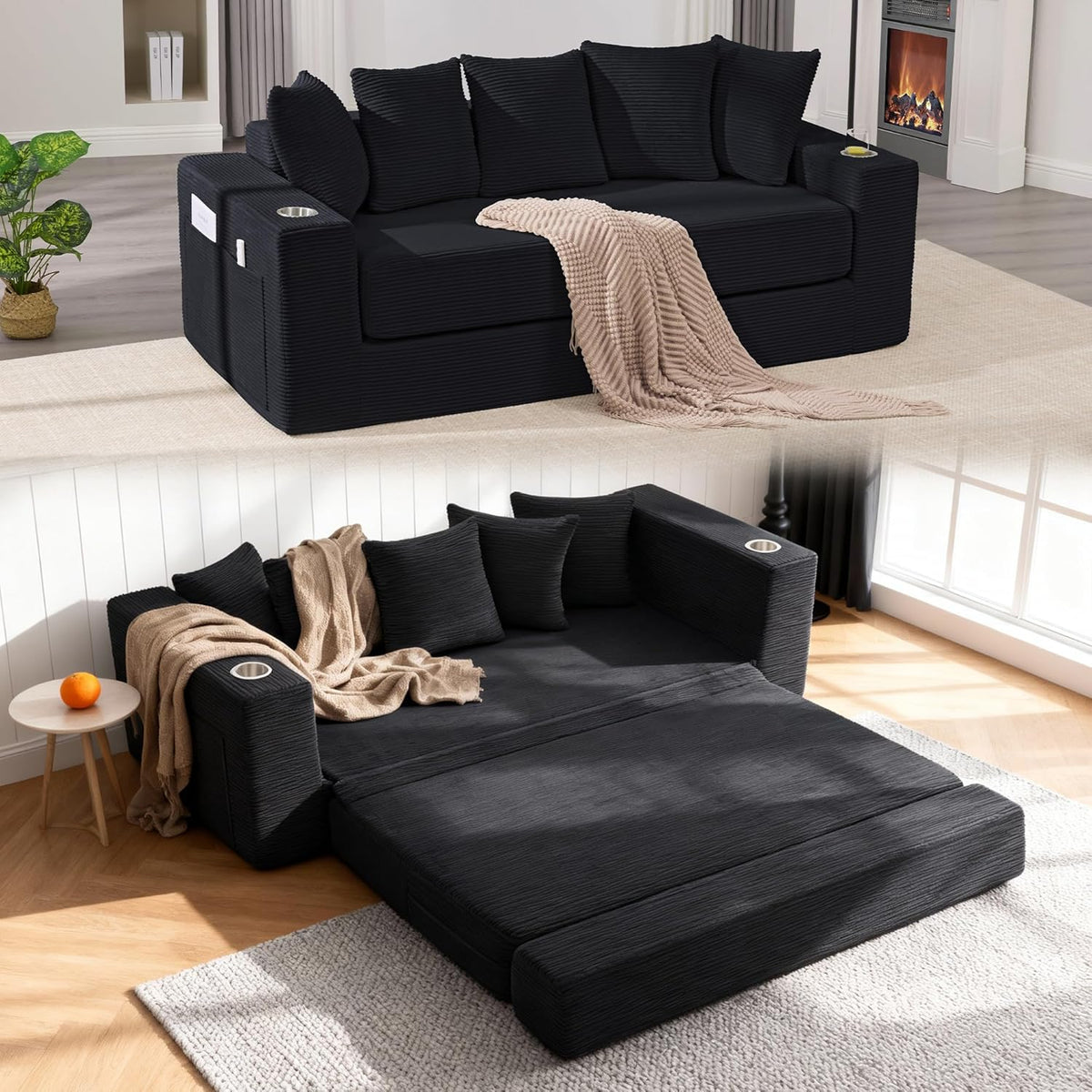 76" Convertible Sofa Bed, Corduroy Couch with Cup Holders & Pocket | 2-in-1 Sleeper Sofa, Pull-out Couch Bed with 5 Pillows, Living Room, Small Spaces, Bedroom, No Assembly
