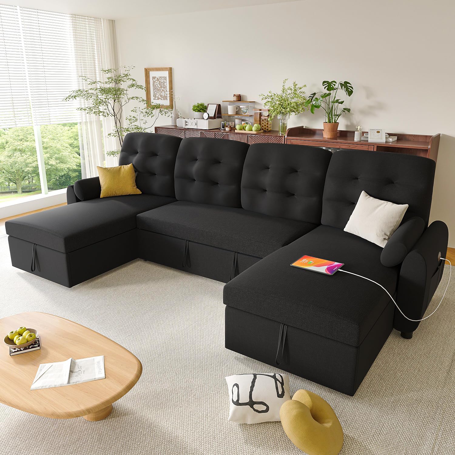 Ucloveria Sectional Sleeper Sofa Bed, 112" U-Shaped Sectional Couches for Living Room with Pull Out Bed, Oversize Couch Bed with Dual Reversible Storage Chaise | USB Charging | Side Pockets, Black