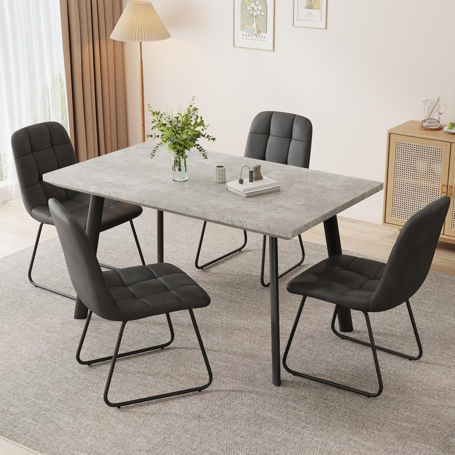 46.5" Modern Grey Dining Table Set for Small Spaces, 5-Piece Set with Rectangular Table & 4 Padded Leather Chairs, Compact, Sturdy & Easy to Assemble (Table + 4 Black Dining Chairs, 46.5")
