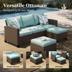 HERA'S HOUSE Outdoor Wicker Ottoman Set of 2, Patio Footstool Footrest Seat with 4" Cushions, 2 Pieces Brown Rattan Garden Stool, Blue