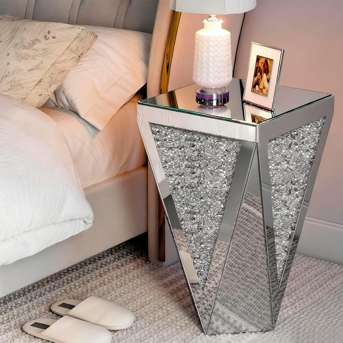 IKIFLY Mirrored Nightstand with Large Square Tabletop, Silver End Table with Crushed Diamonds, Modern Accent Beside Table for Living Room, Bedroom and Office