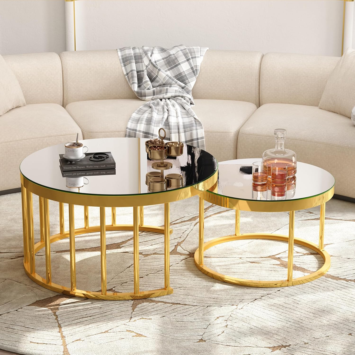 JIVOIT 2-Piece Round Nesting Coffee Table Set with Gold Metal Frame | Modern Circular Cocktail Table, Tempered Glass Tabletop, Accent Nesting Tables, Rounded Edge, Space-Saving, Living Room