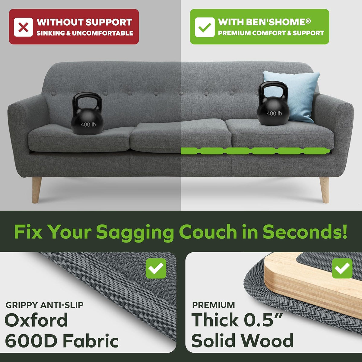 BEN'SHOME® Couch Cushion Support, Fix Sagging Long Sofas | 68-81" x 23" | Thick 0.5״ Solid Wood Boards Under Cushions with Anti-Slip Fabric to Repair Sagging Sofa Springs, Worn Couches Replacement