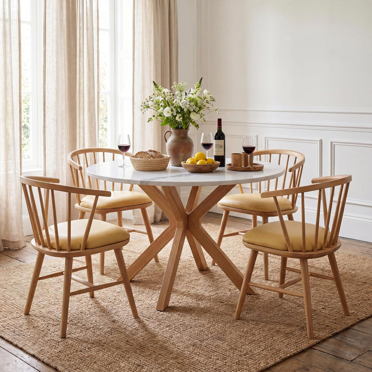 DlandHome Round Dining Table for 4, 39.4 Inches Kitchen Table with X Shaped Wooden Pedestal Base, Circle Dinner Tables for Dining Room, Kitchen, Living Room(Table Only), Marble & Oak Color