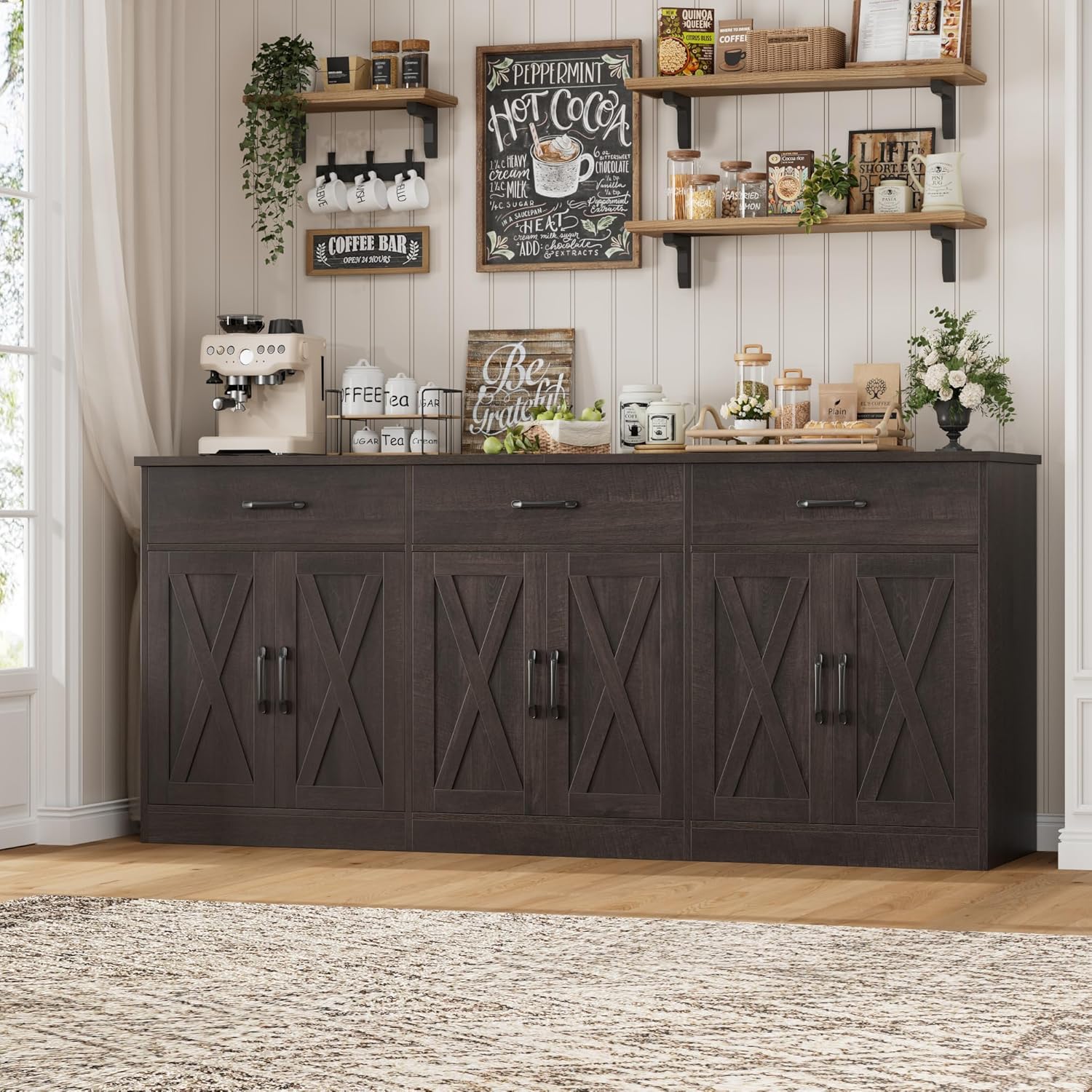 HOSTACK 71"W Farmhouse Kitchen Sideboard Buffet Cabinet with Storage, Brown
