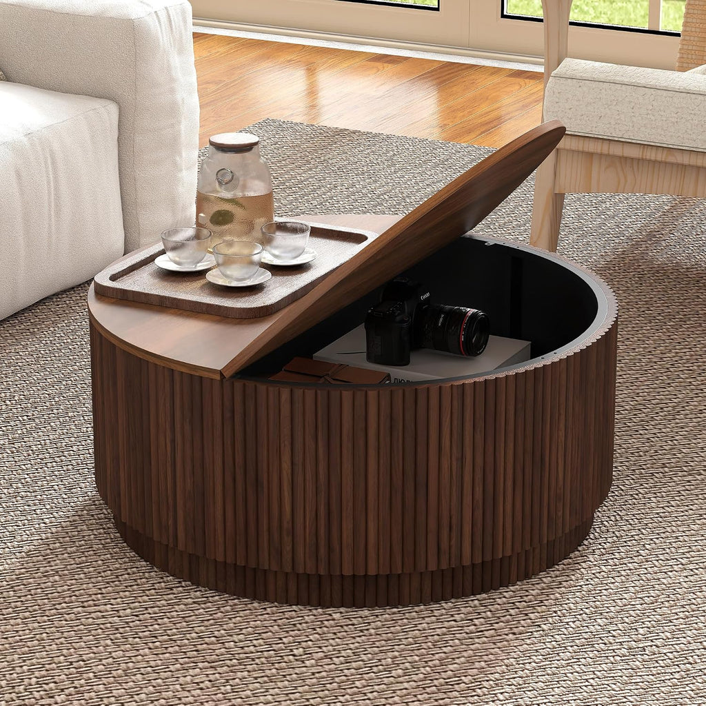 31.5" Round Coffee Table with Storage, Mid Century Modern Coffee Tables with Fluted Base, Wooden Circle Accent Center Table for Living Room Small Space Apartment Office (Walnut)