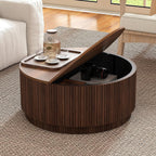 31.5" Round Coffee Table with Storage, Mid Century Modern Coffee Tables with Fluted Base, Wooden Circle Accent Center Table for Living Room Small Space Apartment Office (Walnut)