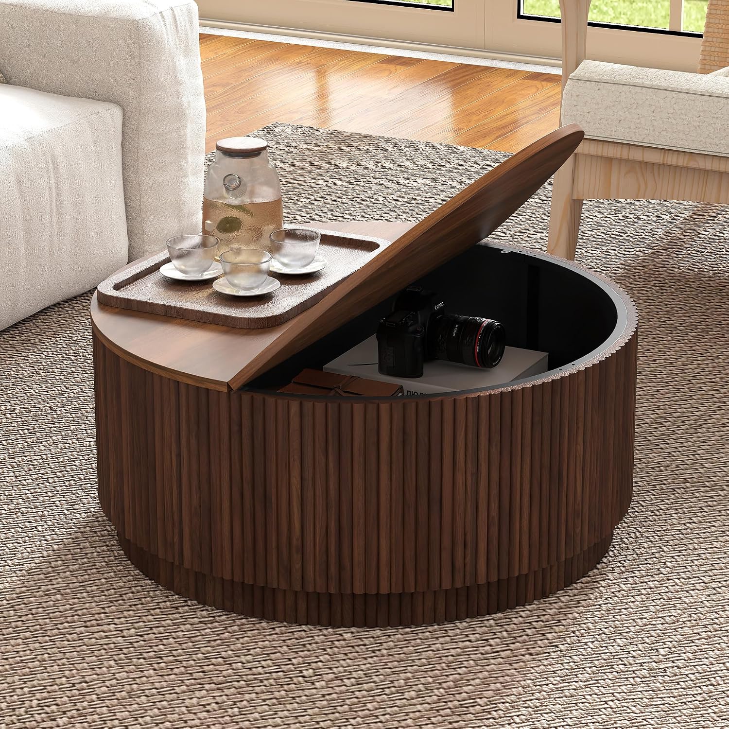 31.5" Round Coffee Table with Storage, Mid Century Modern Coffee Tables with Fluted Base, Wooden Circle Accent Center Table for Living Room Small Space Apartment Office (Walnut)