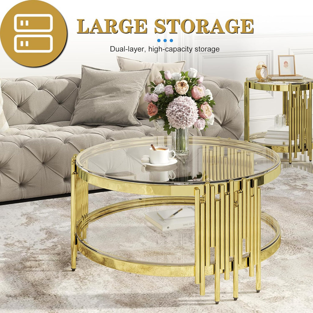 Round Glass Coffee Table Set of 3, Gold and Clear Modern Living Room Table Set, Includes 1 Coffee Table, 2 End Tables, Gold Stainless Steel Base Tempered Glass Top, Luxury Furniture for Home Office