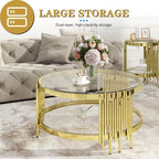 Round Glass Coffee Table Set of 3, Gold and Clear Modern Living Room Table Set, Includes 1 Coffee Table, 2 End Tables, Gold Stainless Steel Base Tempered Glass Top, Luxury Furniture for Home Office