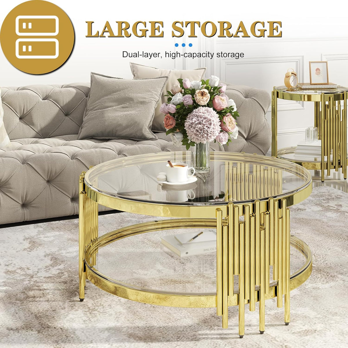Round Glass Coffee Table Set of 3, Gold and Clear Modern Living Room Table Set, Includes 1 Coffee Table, 2 End Tables, Gold Stainless Steel Base Tempered Glass Top, Luxury Furniture for Home Office