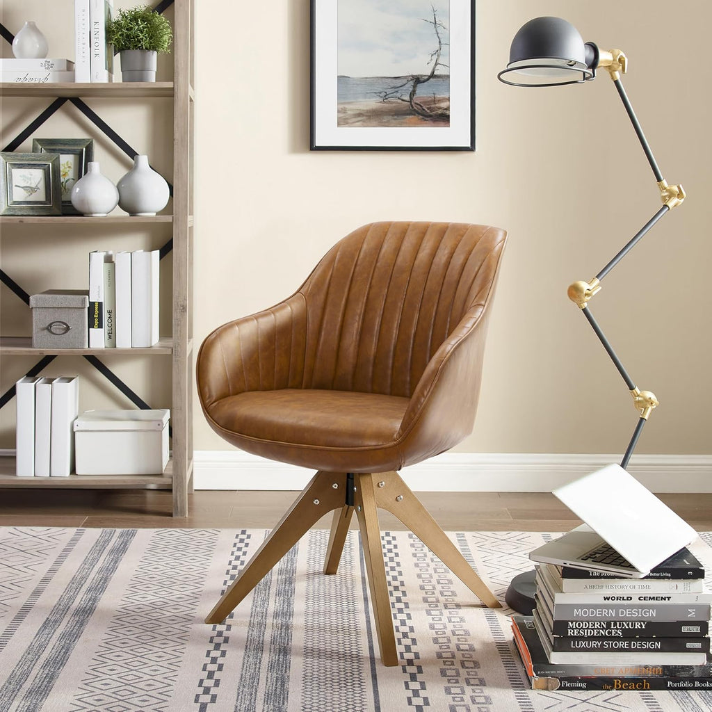 Art Leon Dining Chair - Mid Century Modern Swivel Dining Room Chair, Faux Leather Upholstered Arm Chair with Wood Legs for Living Room, Terracotta