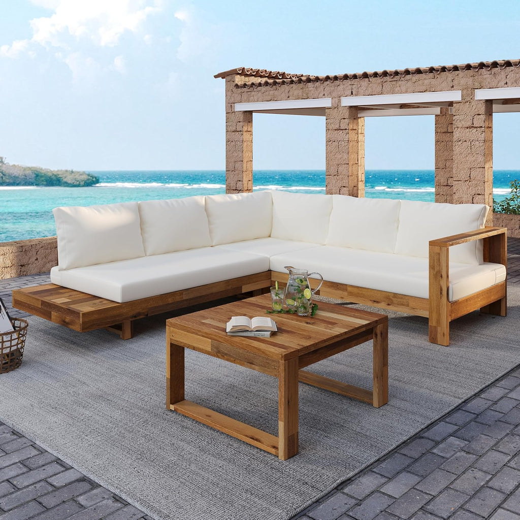4pc Acacia Wood Outdoor Sectional Sofa Set with Cushions | Slatted Design - Modern Patio, Deck & Garden Seating for Ultimate Comfort