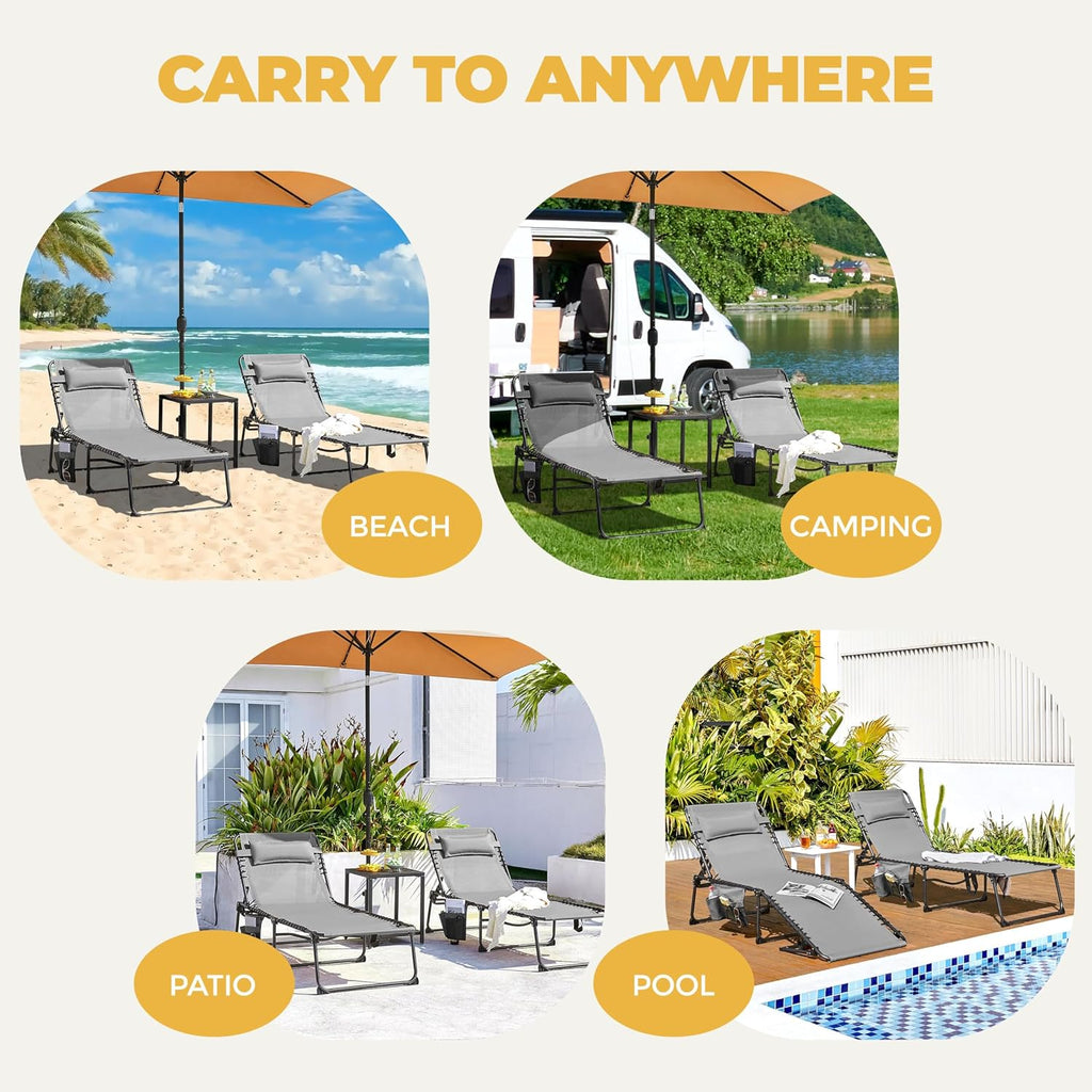 Yaheetech 26.4" Outdoor Folding Tanning Chair 5-Position Adjustable, Gray | Waterproof Texteline Fabric, 300lb Weight Capacity, Side Storage Pocket for Beach Patio Backyard Outdoor Use