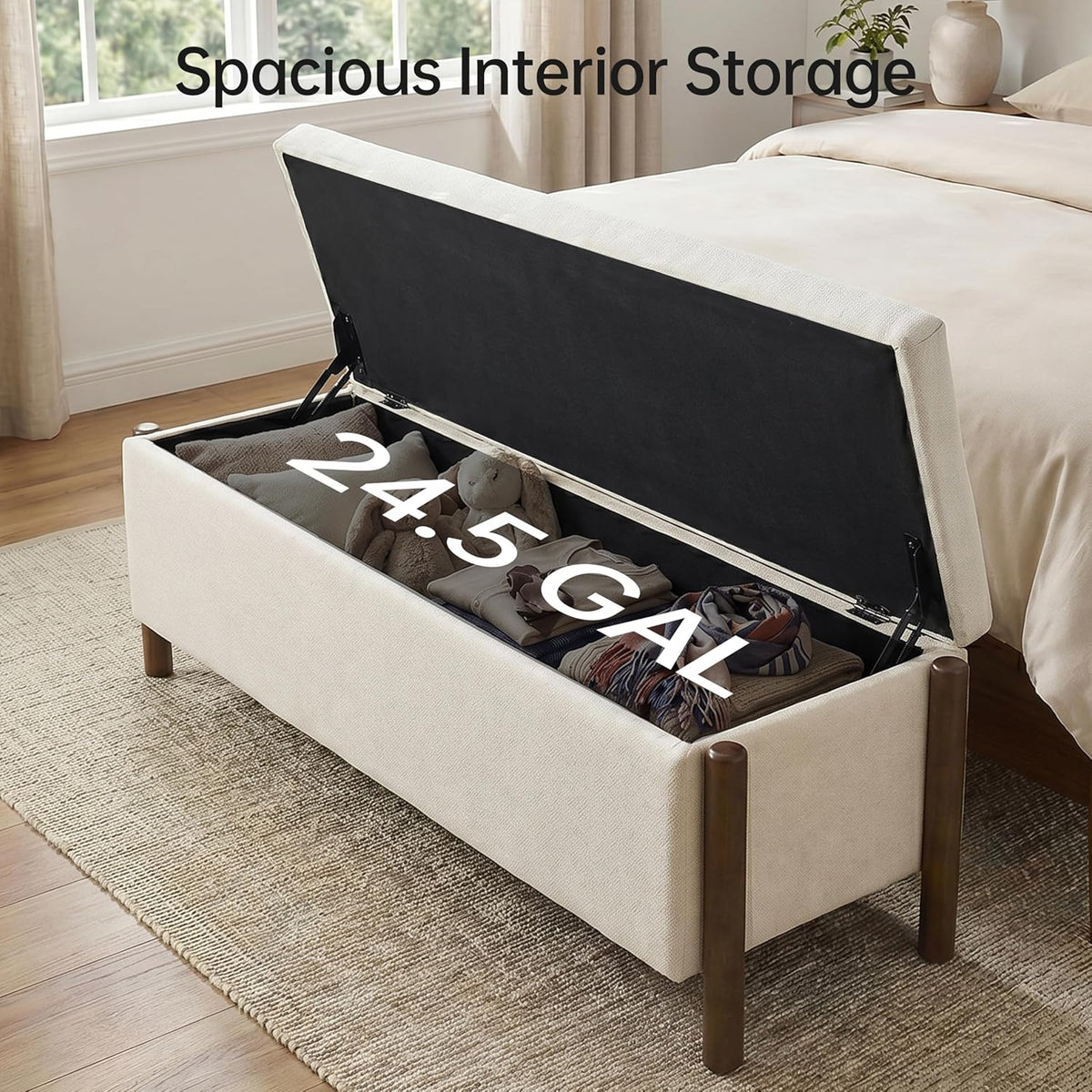 Usaint 47" Fabric Upholstered End of Bed Storage Ottoman Bench, Beige | Entryway Bench with Storage and Rubberwood Legs, 24.5 Gallons Storage Space, Hinged, for Bedroom, Living Room