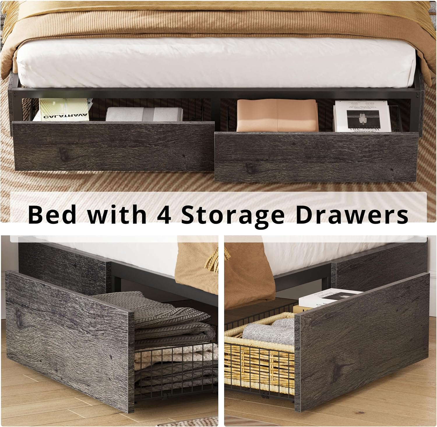 LIKIMIO King Bed Frame with 4 Storage Drawers, Charcoal Grey