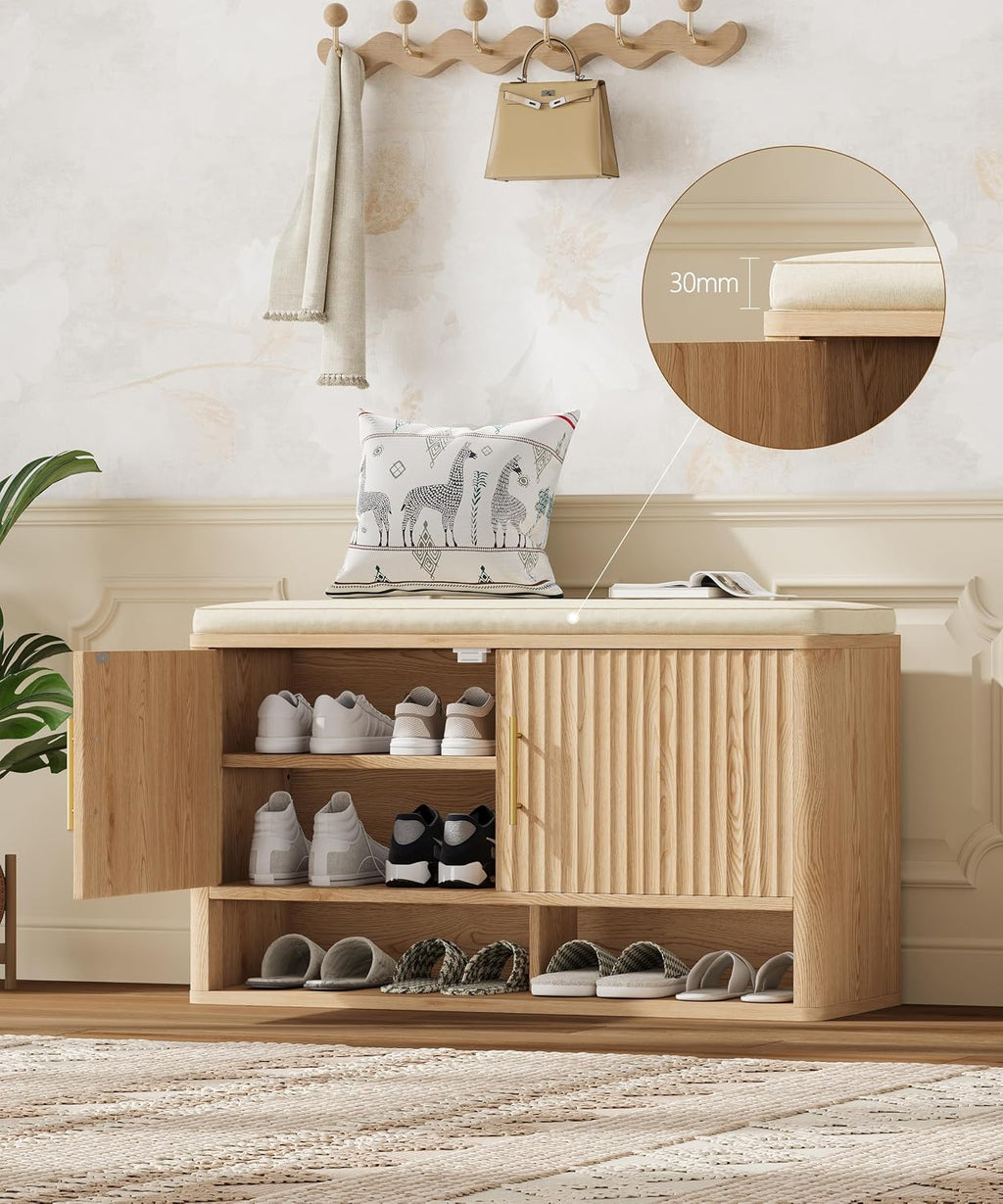 Fluted Shoe Storage Bench, Entryway Bench with Adjustable Shelves | Hidden Shoe Cabinet Storage with Cushion and Open Bottom Shelf, for Entryway, Hallway, Living Room, Bedroom, Natural Oak