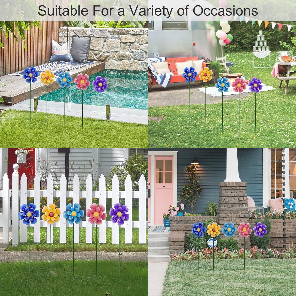 Metal Flower Wind Spinner Garden Lawn Stakes Yard Art, 27 Inch Windmill Outdoor Garden Iron Handicraft Lawn Ornament, Outside Front Metal Yard Art Decor, 5 pieces Outdoor Front Porch Patio Decorations