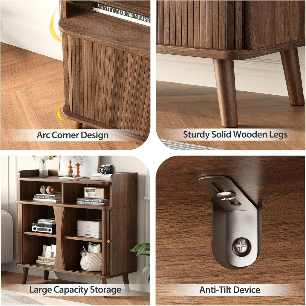 Decofy 39" Buffet Sideboard Cabinet, Mid Century Modern Console Cabinet with Roller Shutter Sliding Doors & Adjustable Shelves for Kitchen Cabinets, Living Room, Entryway, Coffee Bar Cabinet (Walnut)