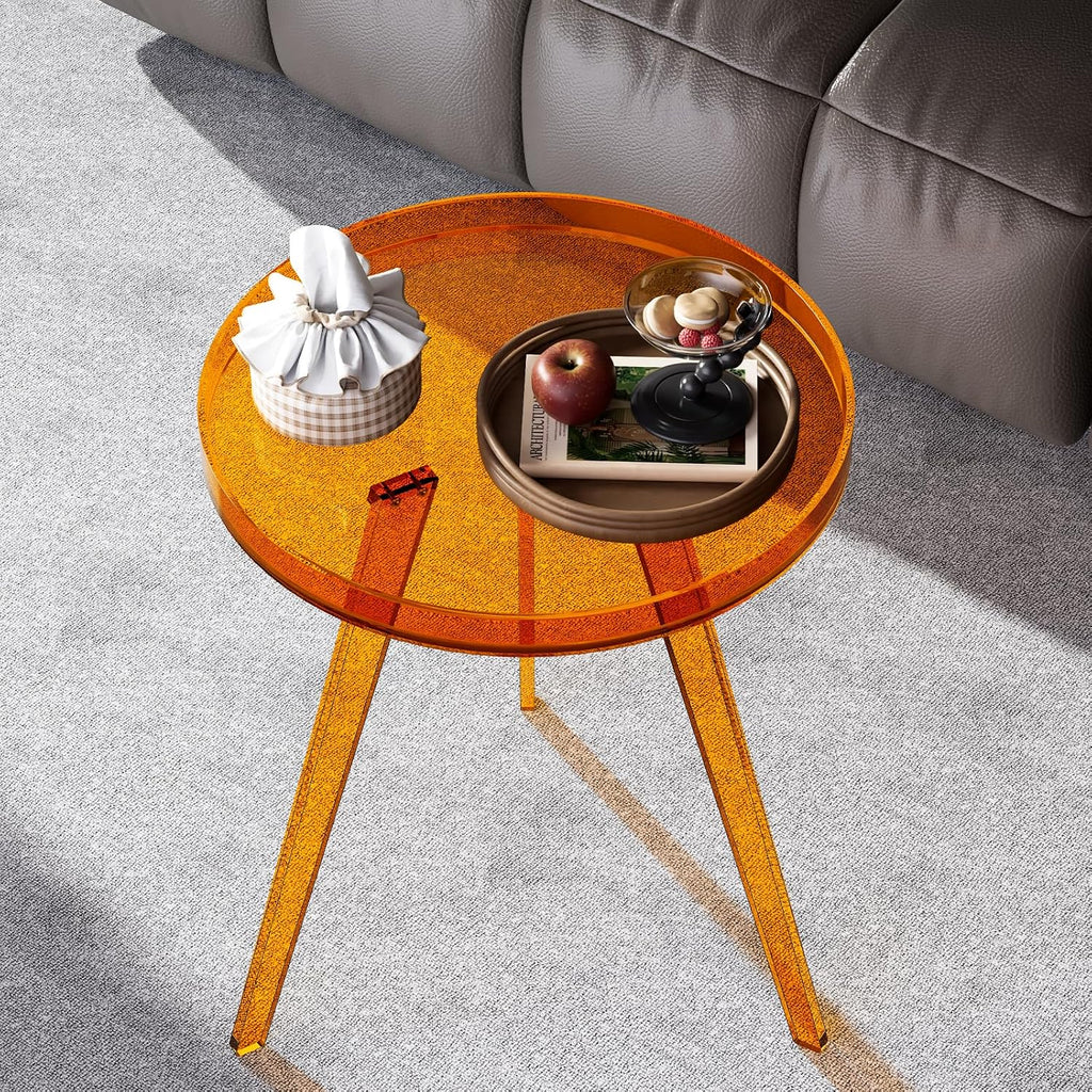 Clear Acrylic Side Table, Round End Table Bedside Table for Living Room Bedroom (Orange)
