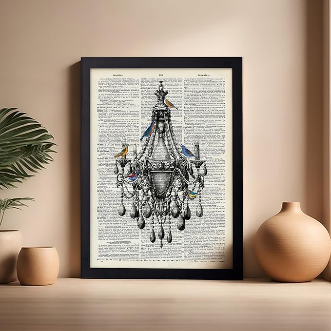 Poster Master Dictionary Art Poster - Antique Chandelier Print - Bird Art - Baroque Art - Gift for Men & Women - Chic Decor for Living Room, Dining Room, Bedroom or Kitchen, 16x20 Black Framed