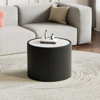 17.7-Inch Round End Table for Living Room Office, White Faux Marble Tabletop, Black Fluted PU Leather Covered, Modern Round Sofa Side Table Small Coffee Table, 17.71''Dia x 17.71''H