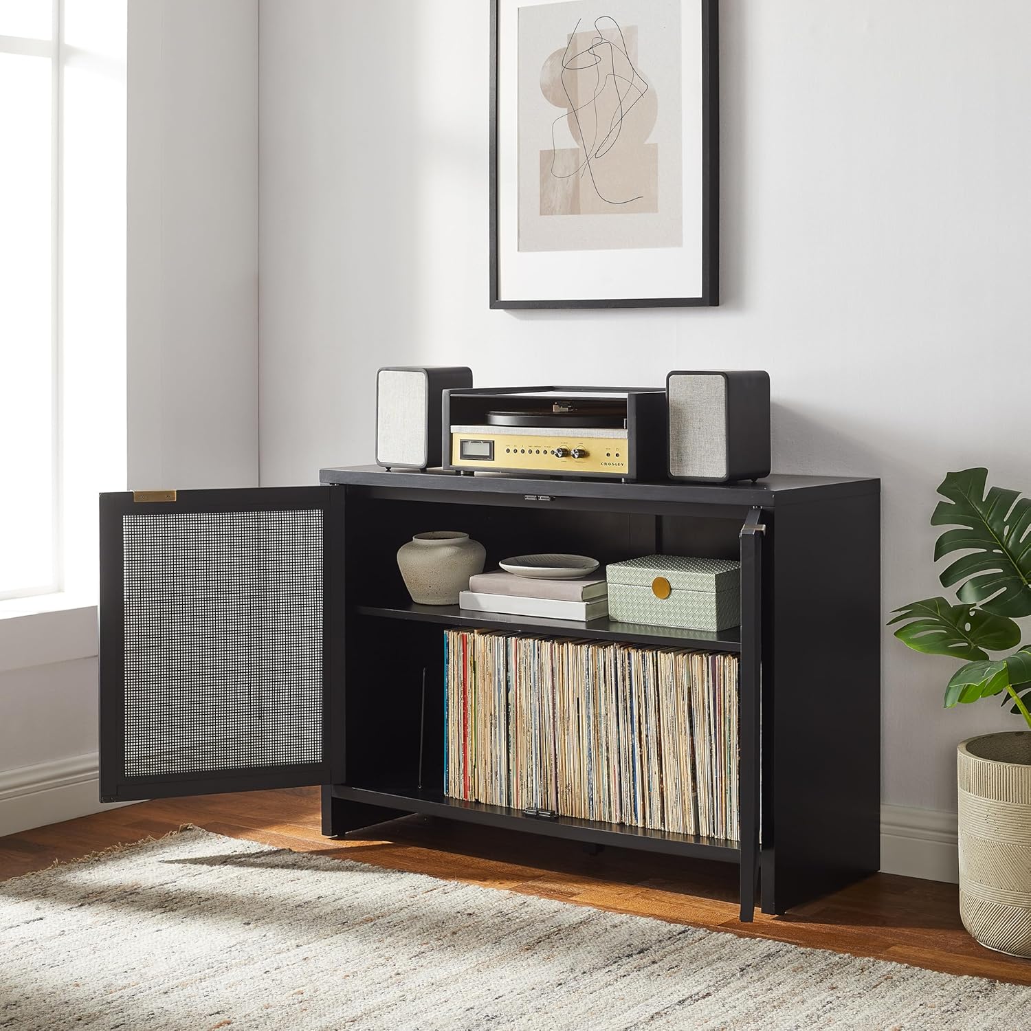 Crosley Furniture Kenji Media Console, Record Player Stand with Vinyl Storage, Modern Home Organizer, Black