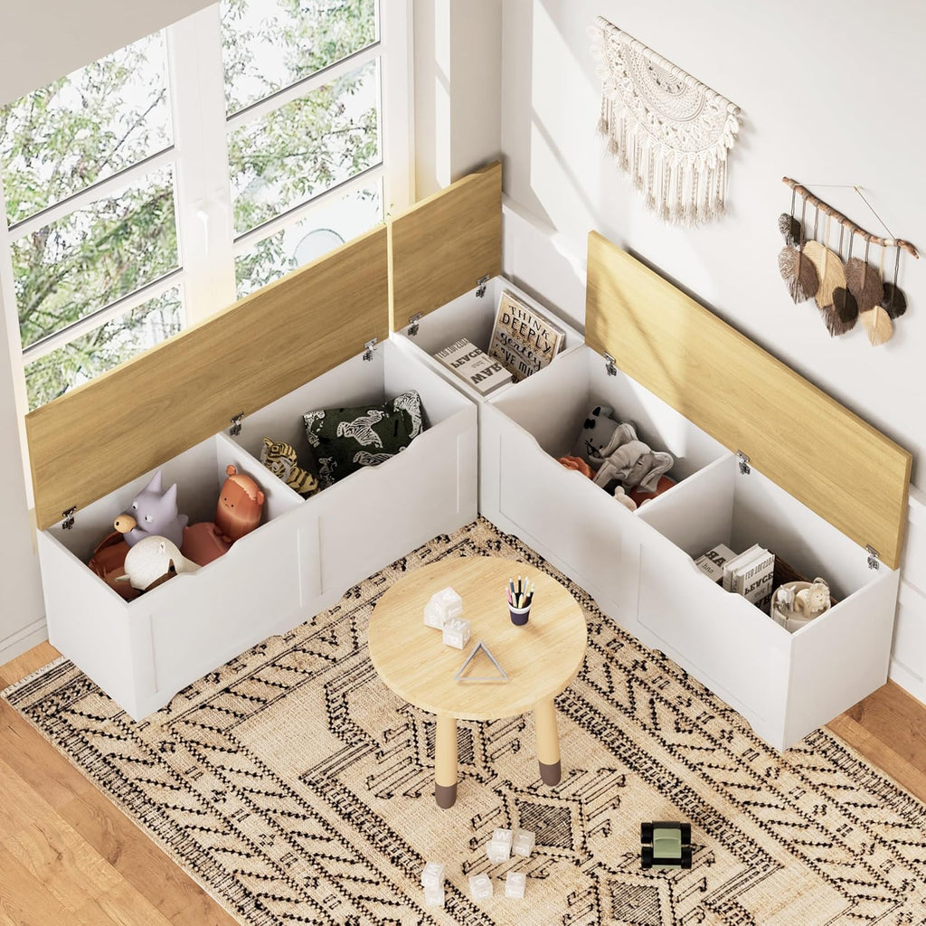 3-Piece L-Shape Storage Bench Set with Cushion, Kitchen Dining Nook Bench with Hidden Storage for Dining Room, Entryway,Backless Corner Dining Bench (White)