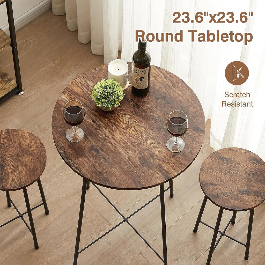 VECELO 3 Piece Pub Table and Chairs Sets Counter Height Bistro Bar Sets with 2 Barstools for Kitchen Breakfast Nook, Small Space, Apartment, Breakfast Dinner Restaurant, Brown
