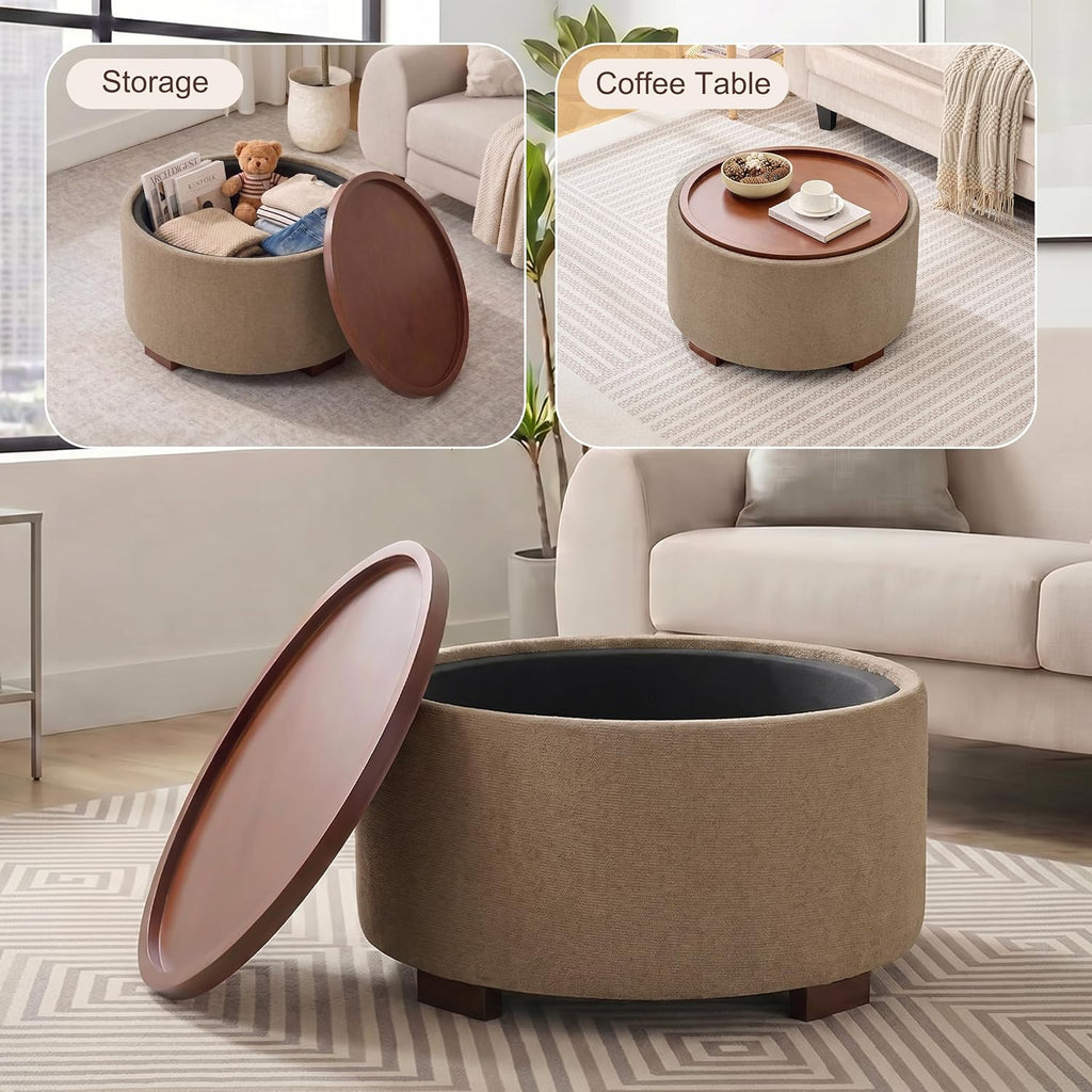 Huatean Home 29.1 Inch Round Coffee Table, Storage Ottoman with Removable Lid Top and Solid Wood Legs, Round Ottoman with Storage for Living Room, Bedroom, Corners, Entryway, Boucle Ottoman, Camel