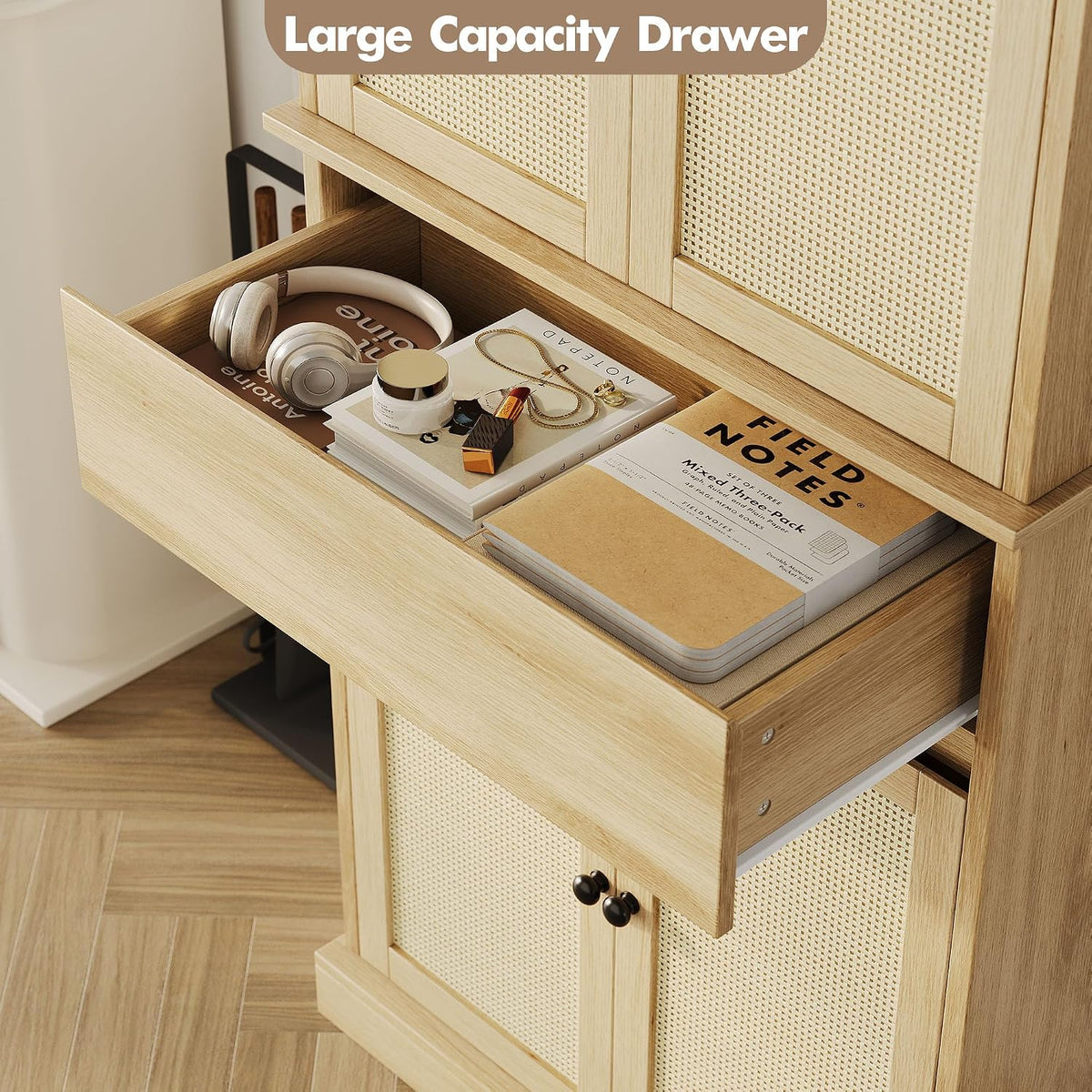 GarveeHome Kitchen Pantry Cabinet, Tall Storage Cabinet with Rattan Doors and Adjustable Shelves, Freestanding Cupboard with Drawer for Bathroom, Dining Room, Living Room, Natural Oak