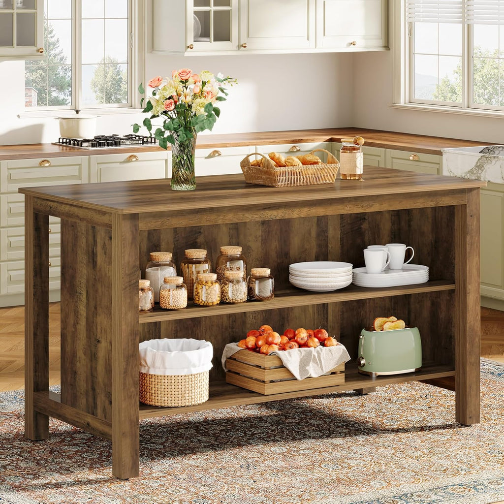 Tribesigns Kitchen Island with Seating and Storage, 59-Inch Large Farmhouse Stationary Island Table for Kitchen, 3-Tier Counter Height Coffee Bar Tables for Dining Room, Rustic Brown