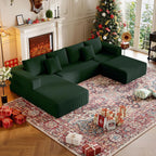 CHORRO134.6''Sectional Couch for Livingroom,Modular Corduroy Cloud Couch, U-Shaped Sofa with Chaise and Pillows,4-Deep Seat Sectional Sofa with 1 Ottoman,(Green,Left Chaise)