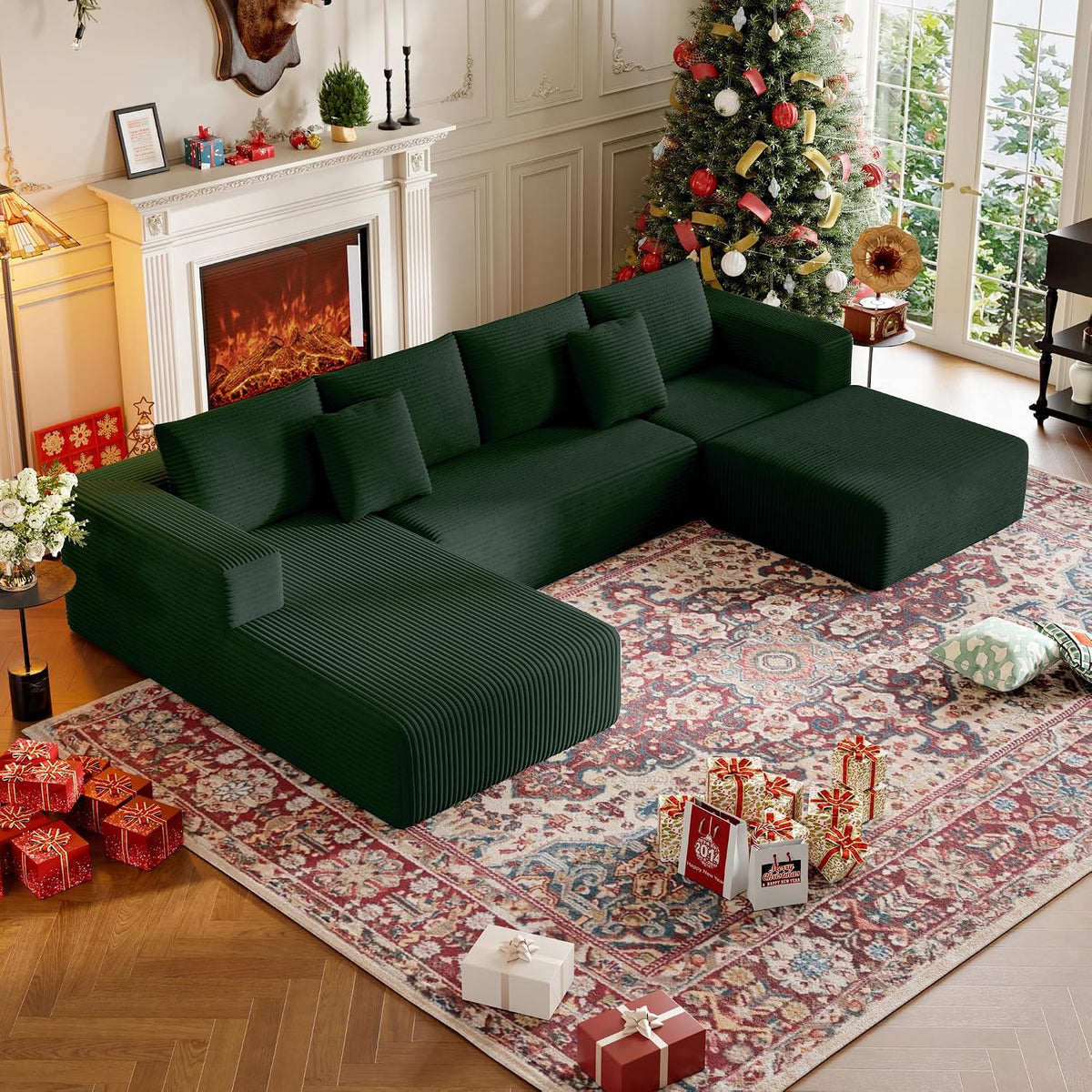 CHORRO134.6''Sectional Couch for Livingroom,Modular Corduroy Cloud Couch, U-Shaped Sofa with Chaise and Pillows,4-Deep Seat Sectional Sofa with 1 Ottoman,(Green,Left Chaise)