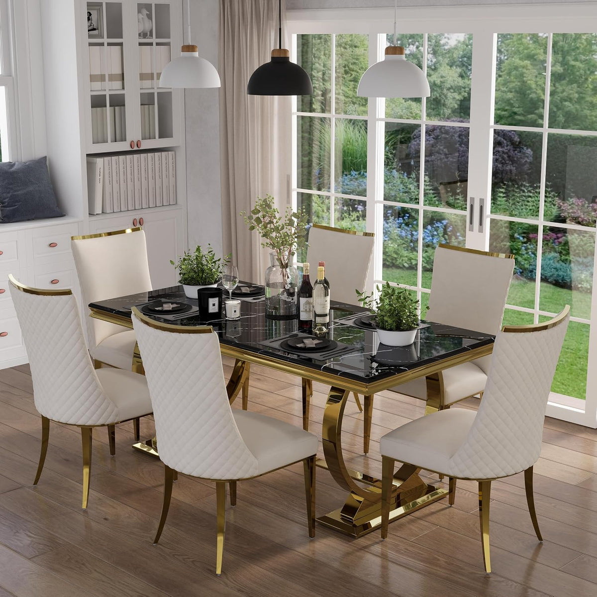 7 Piece Dining Room Table Set for 6, Kitchen and Dining Room Table Set with 70" Gold Rectangular Dining Table and 6 White Velvet Upholstered Dining Chairs