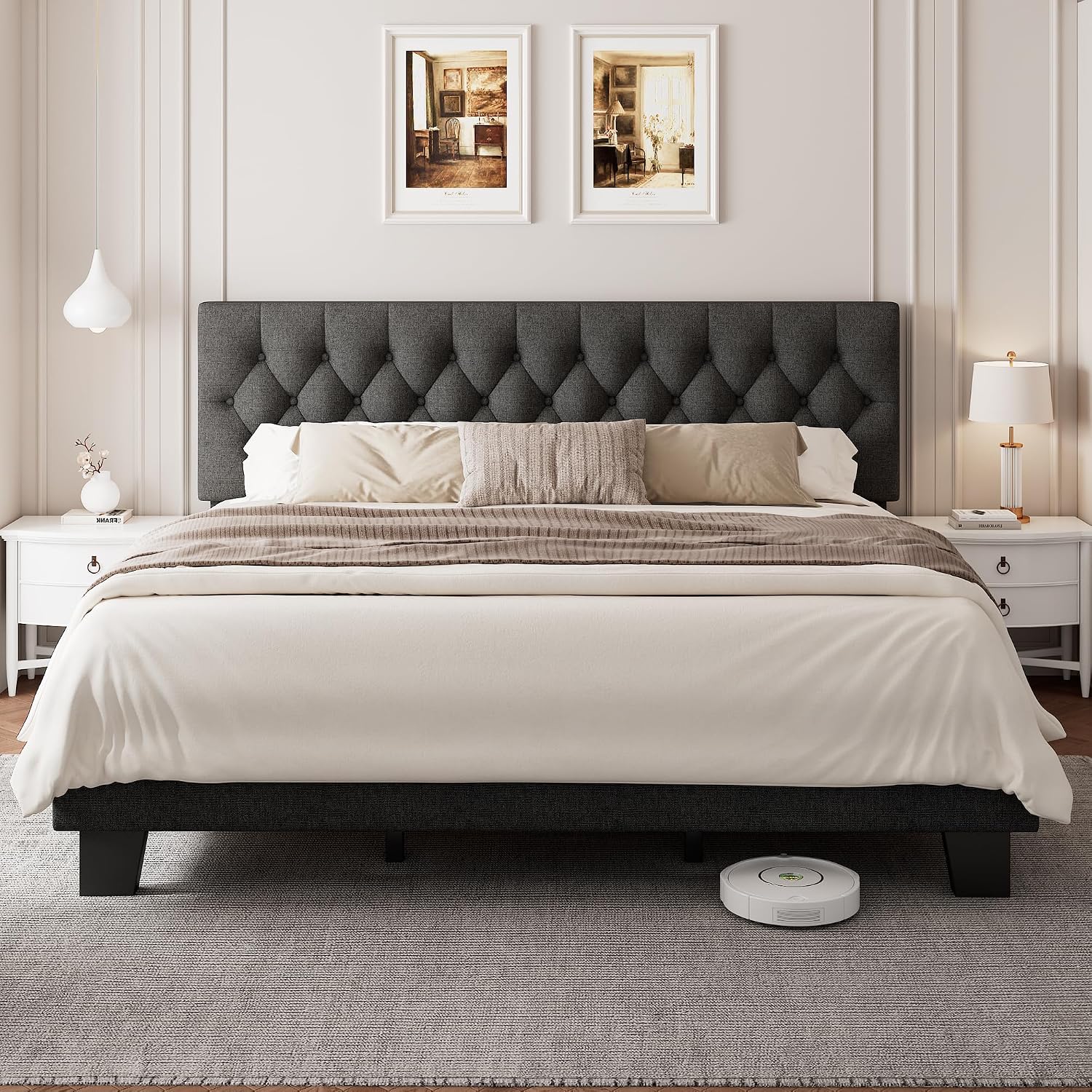 Einhomn King Size Upholstered Bed Frame with Headboard, Tufted Button Linen Bed Base, Platform Bed with Heavy Duty Wood Slat Support, No Box Spring Needed, Easy Assembly, Noise-Free, Dark Grey